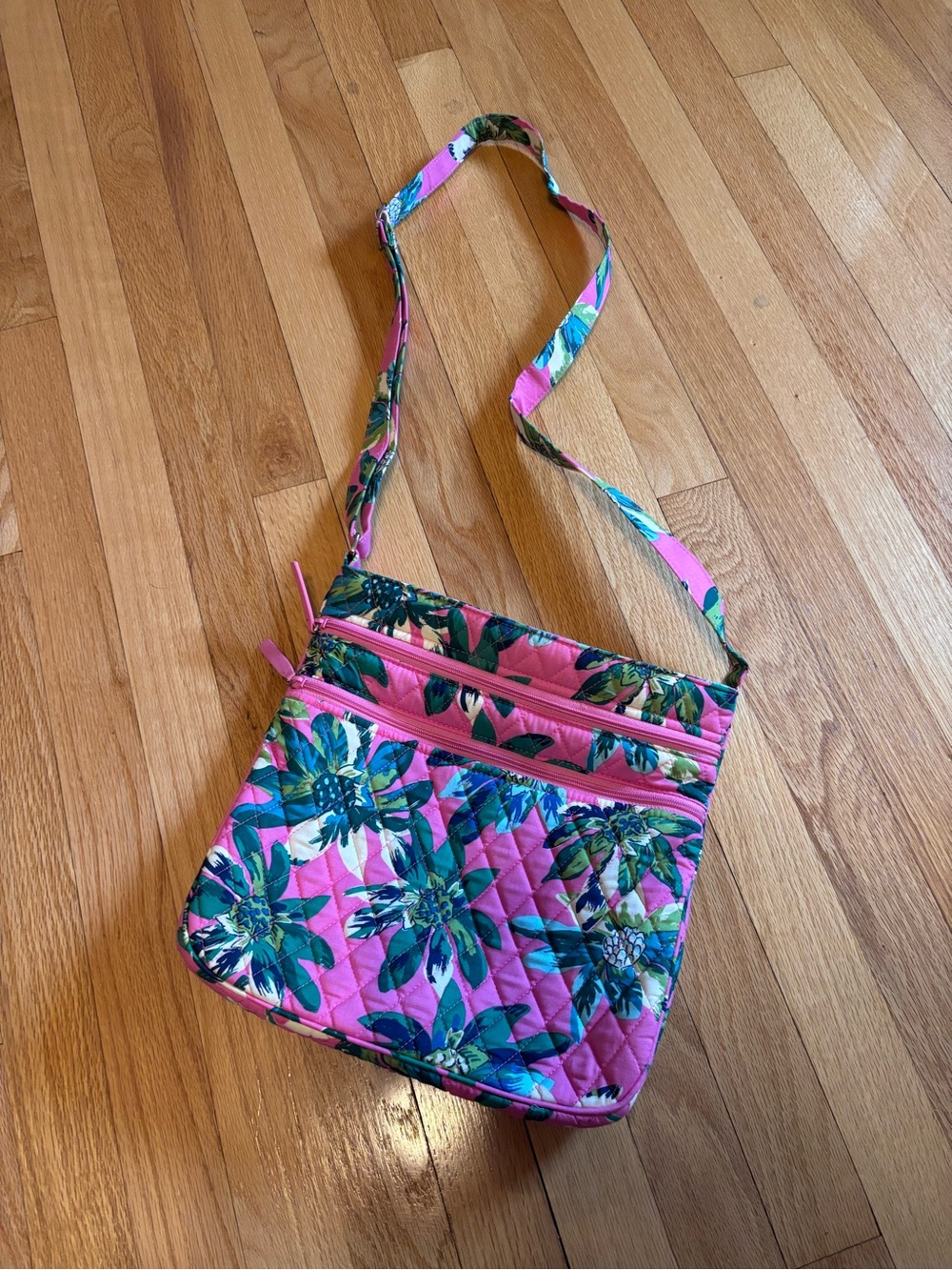 Vera Bradley Pink Quilted Crossbody with Teal and Blue Floral Pattern
